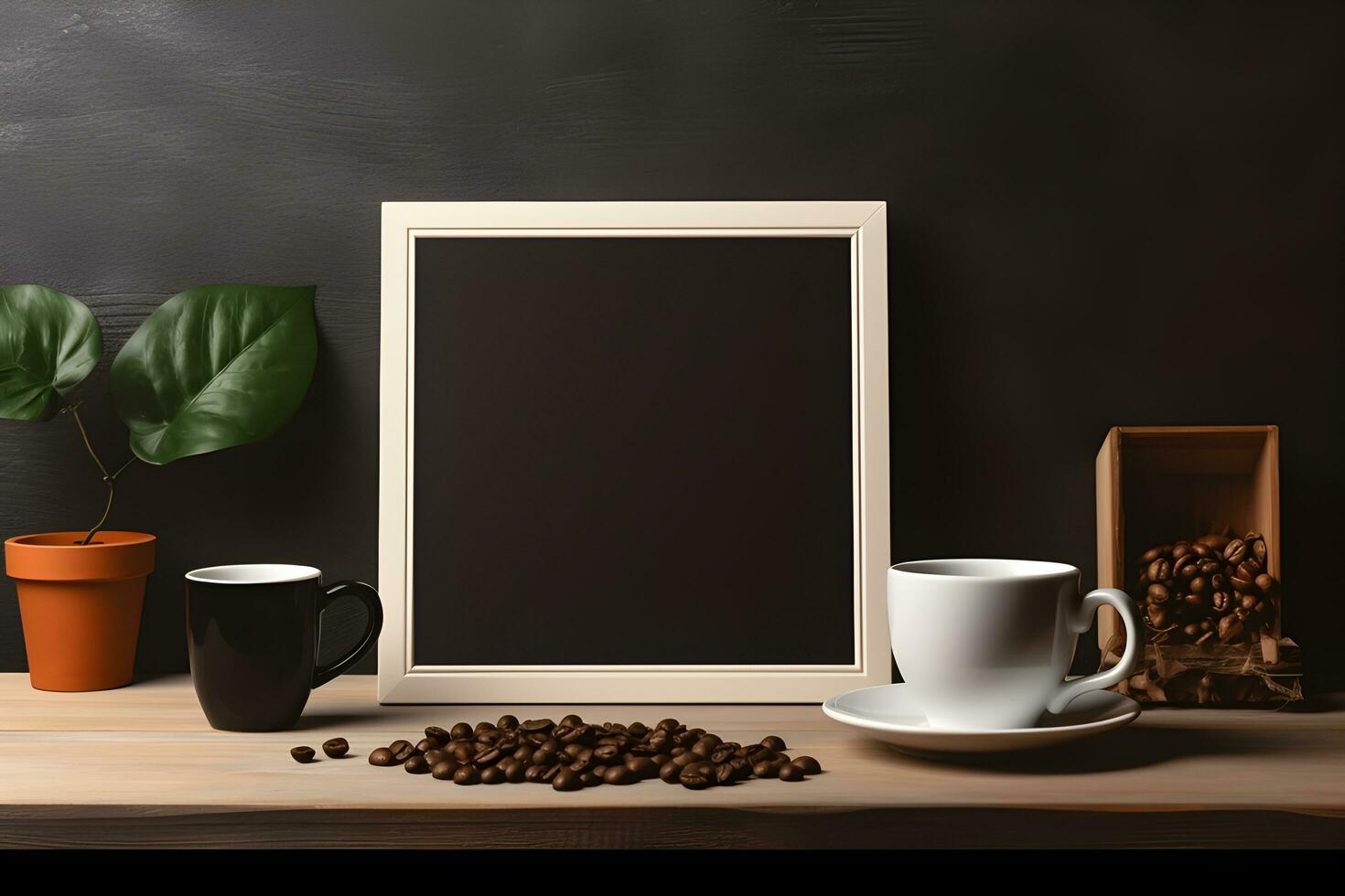 Coffee cup with blank picture frame. Coffee day concept. Generative ai photo