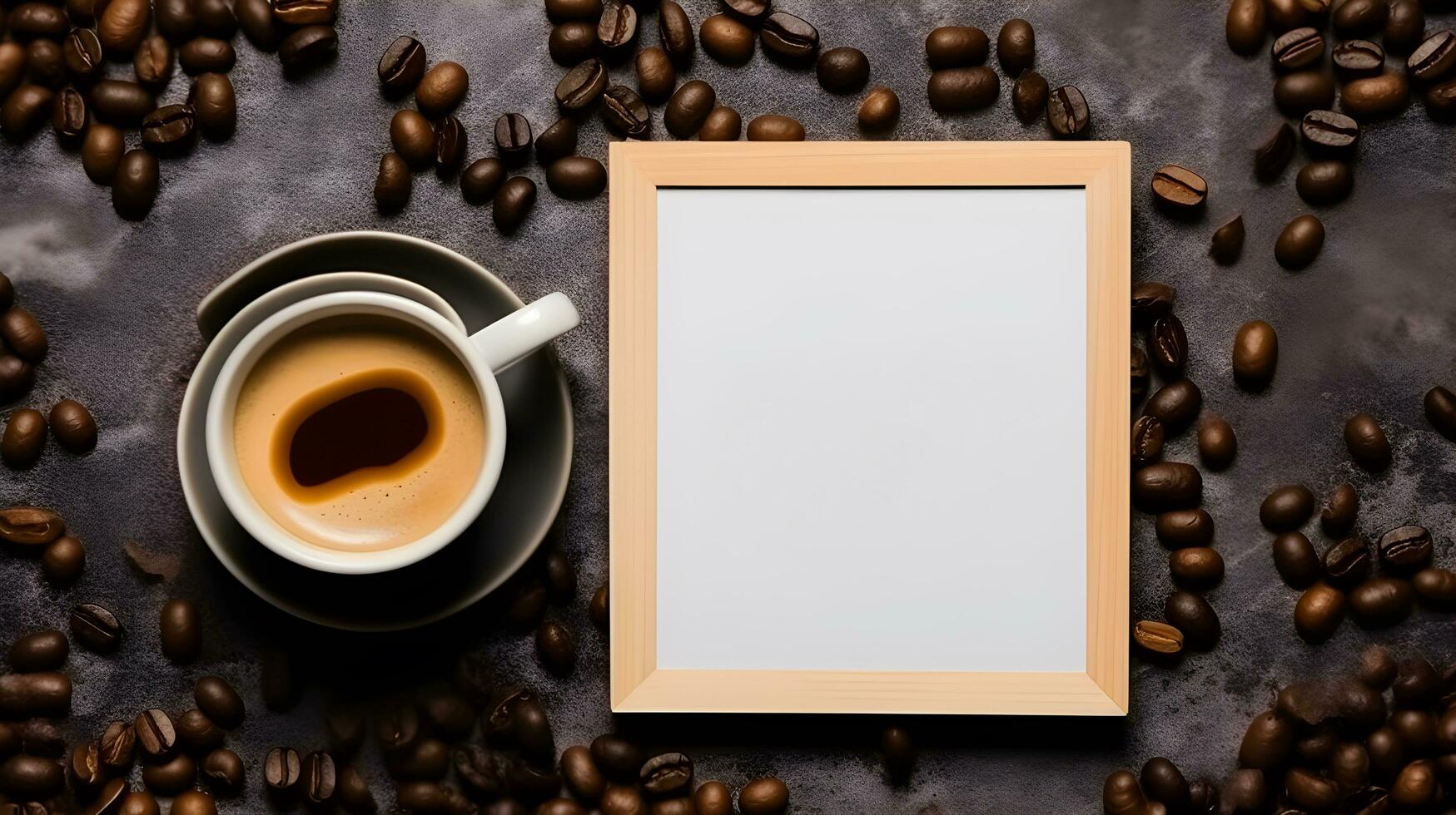 Coffee cup with blank picture frame. Coffee day concept. Generative ai photo