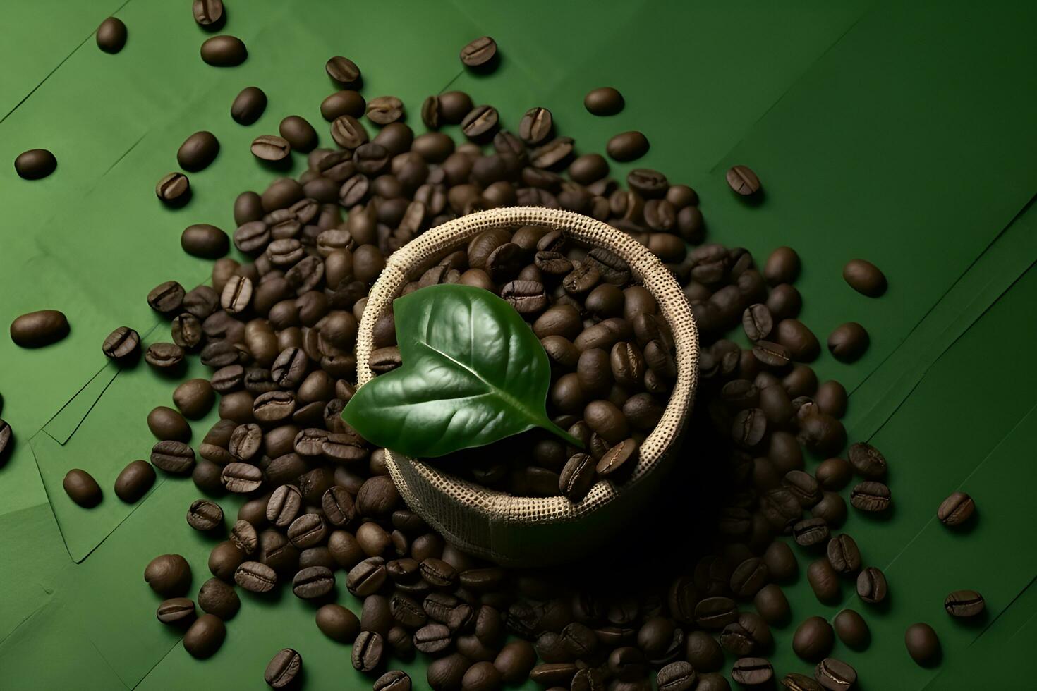 Cup of coffee with coffee beans and leaf. Generative ai photo