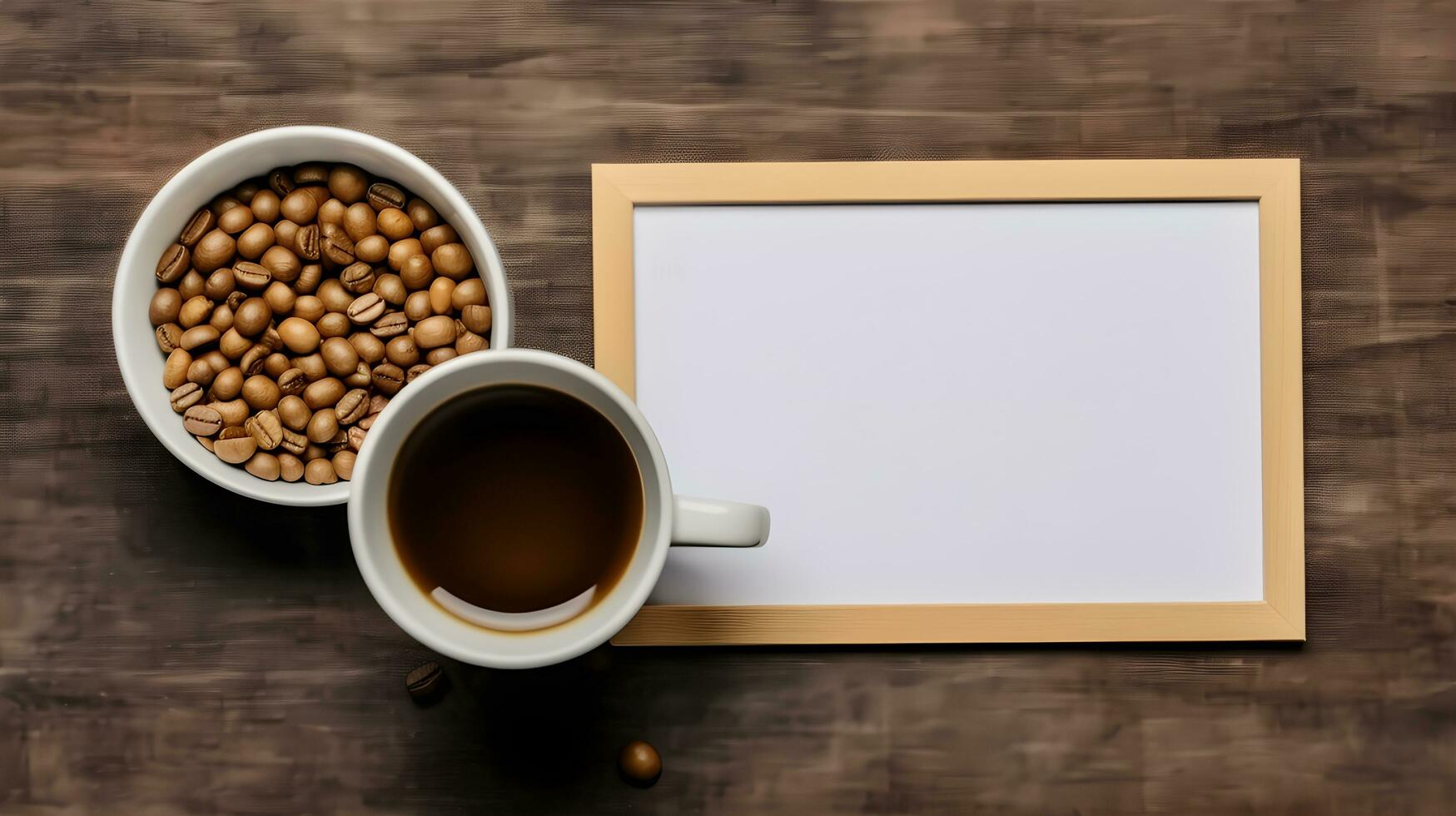 Coffee cup with blank picture frame. Coffee day concept. Generative ai photo