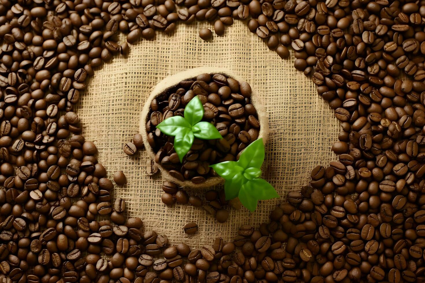 Cup of coffee with coffee beans and leaf. Generative ai photo