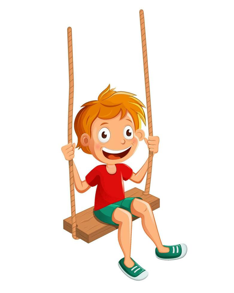 Smiling kid boy swinging on swing. Joyful young child having fun. Isolated vector cartoon illustration