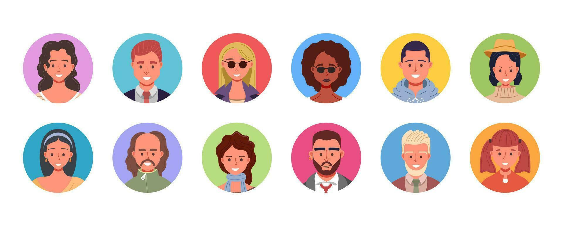 Set of diverse people avatars. Vector illustration of multiethnic user portraits in circles. Male and female human face icons.