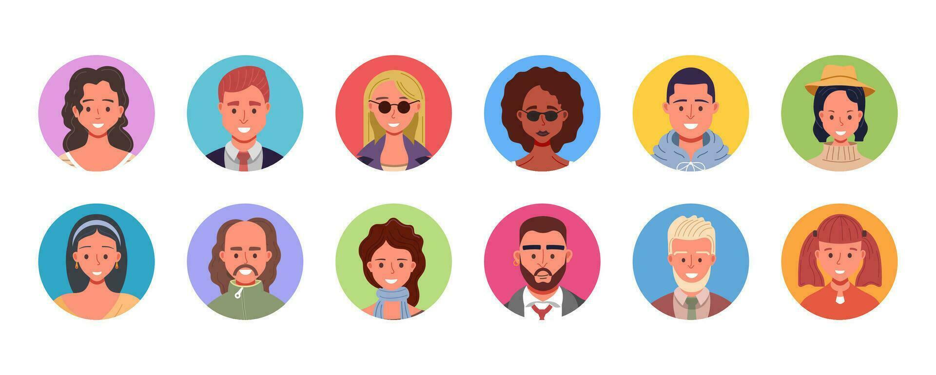 conjunto de diverso personas avatares. vector ilustración de multiétnico usuario retratos en círculos masculino y hembra humano cara iconos