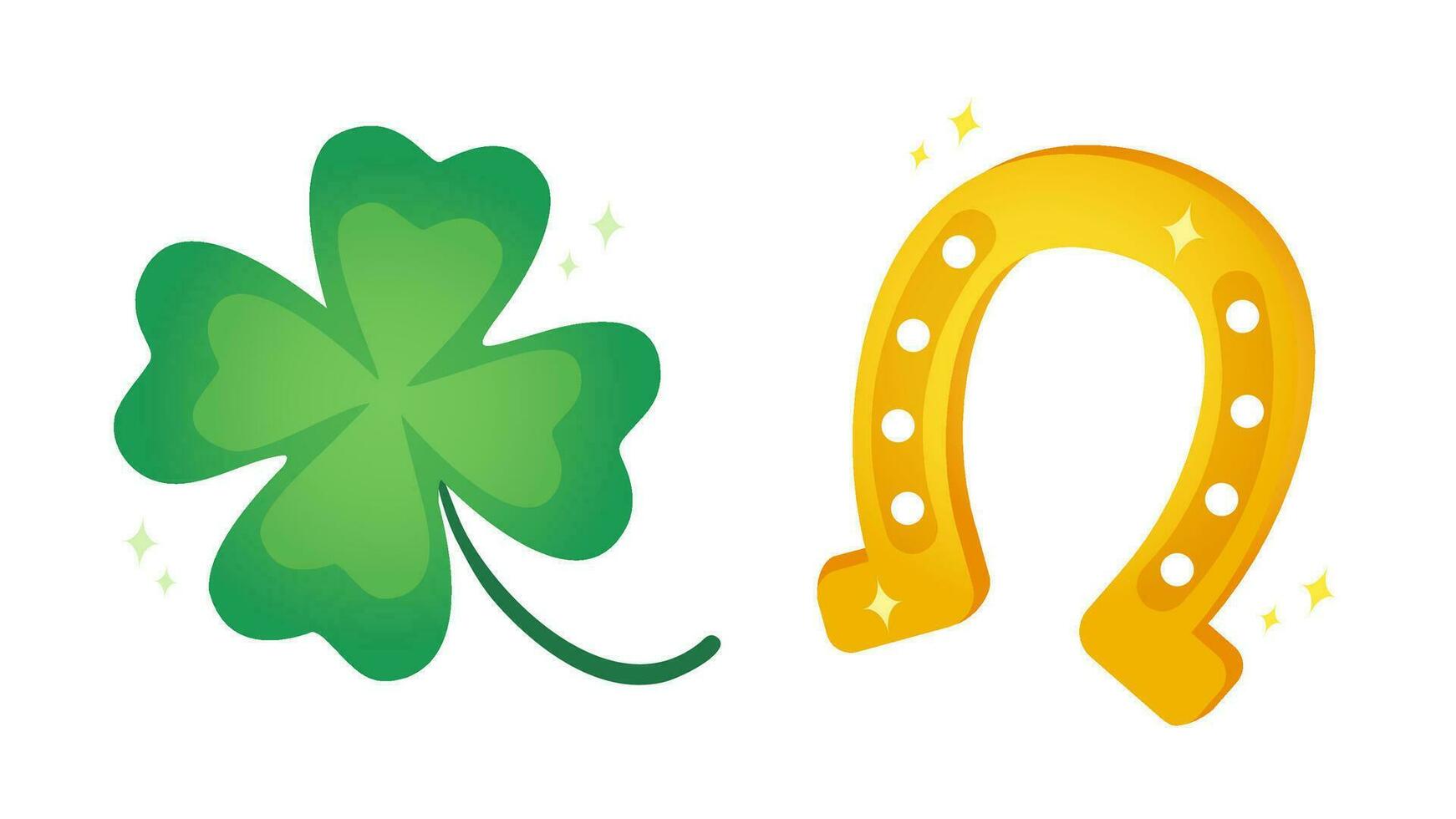 Vector set icons of lucky clover and horseshoe or Patrick's day.