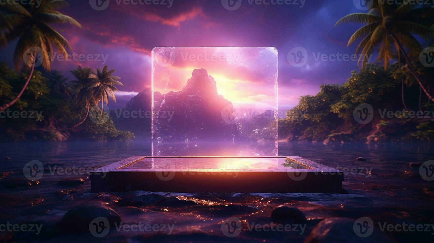 Neon frame and tropical background. Generative AI photo