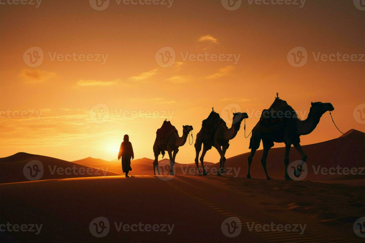 A line of four camels traverse desert dunes under the morning sunrise AI Generated photo