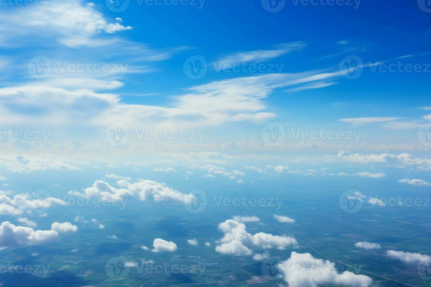 Serene heavens. Blue sky adorned with textured clouds offers peacefulness AI Generated photo