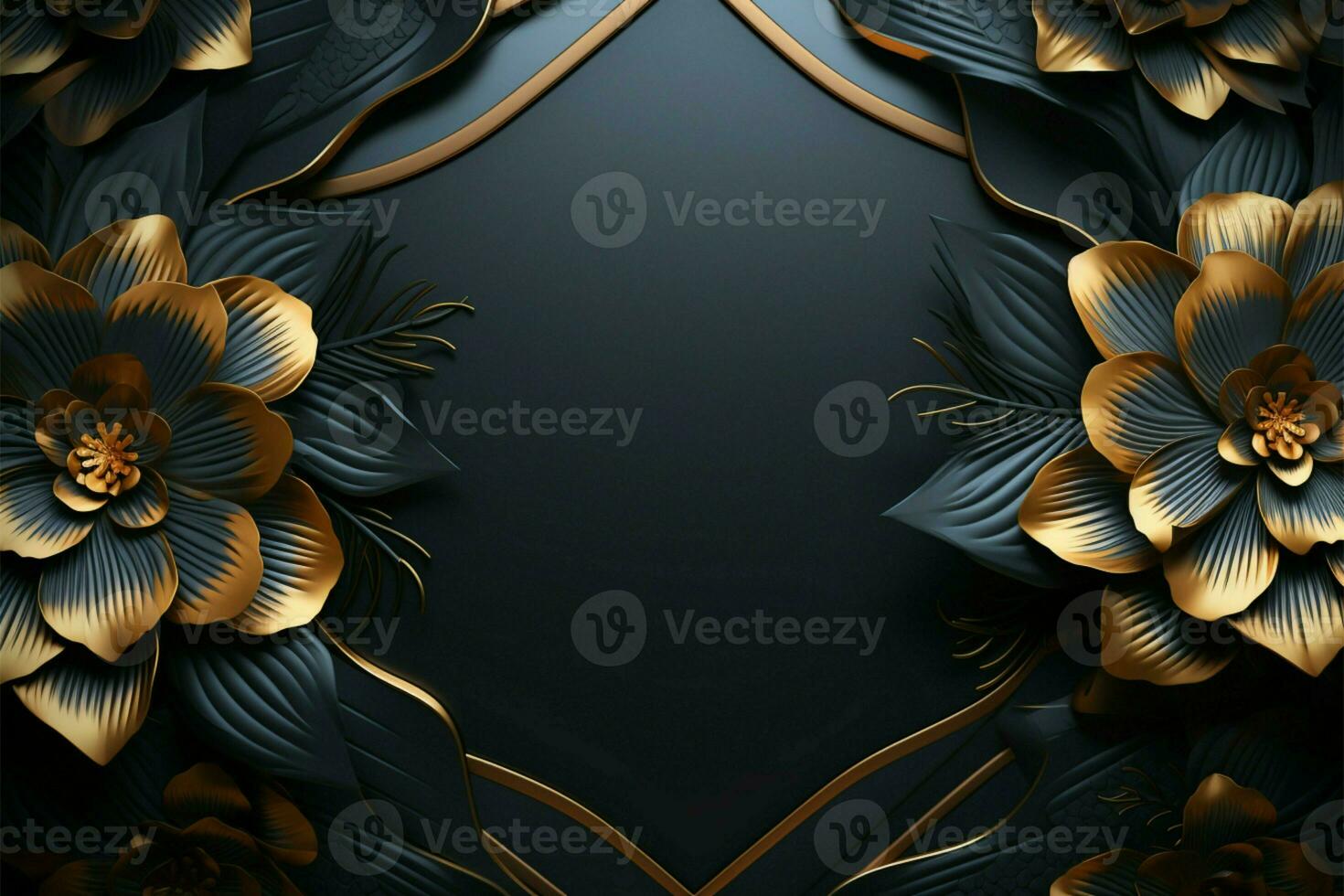 Opulent black backdrop adorned with intricate gold design elements AI Generated photo