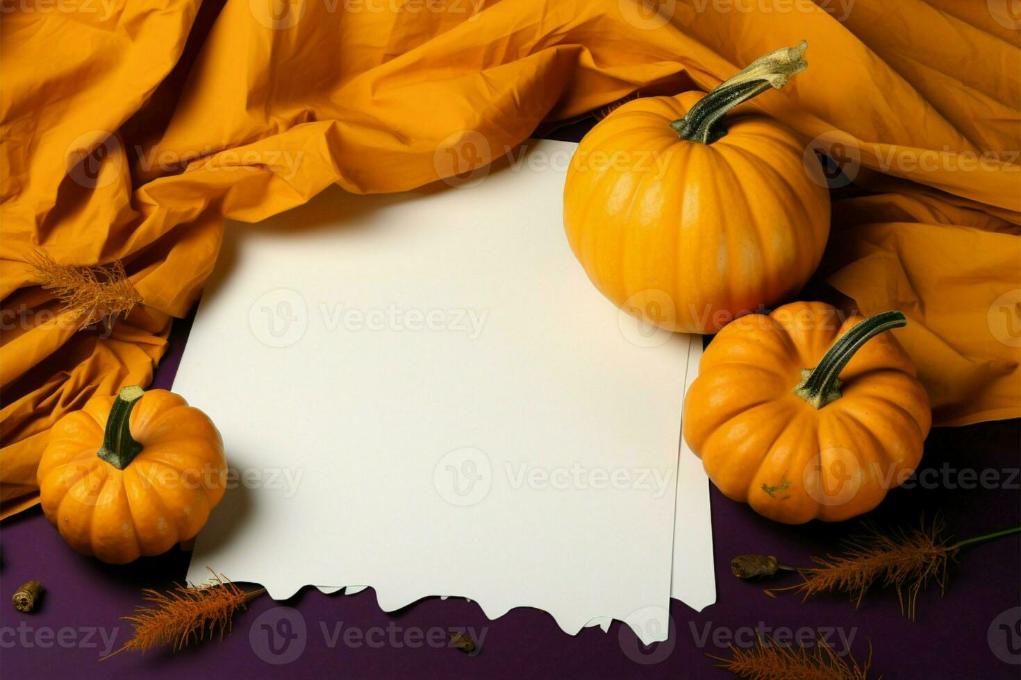 Autumns canvas Pumpkins juxtaposed with a blank sheet of paper AI Generated photo