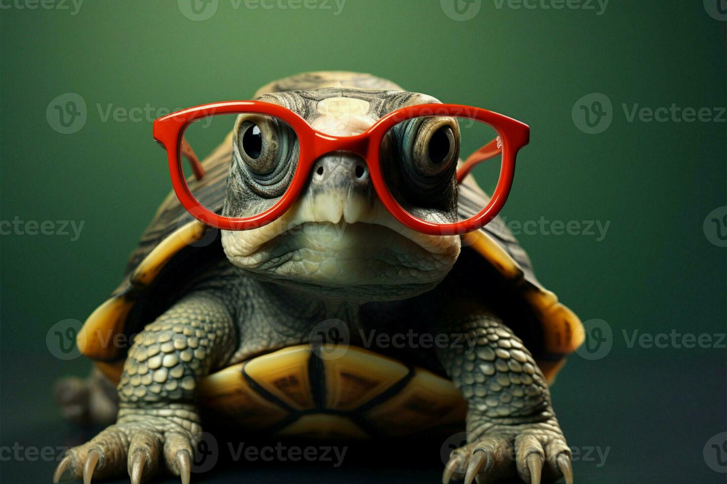 Cute turtle dons glasses, red wallpaper backdrop a smart, funny genius AI Generated photo