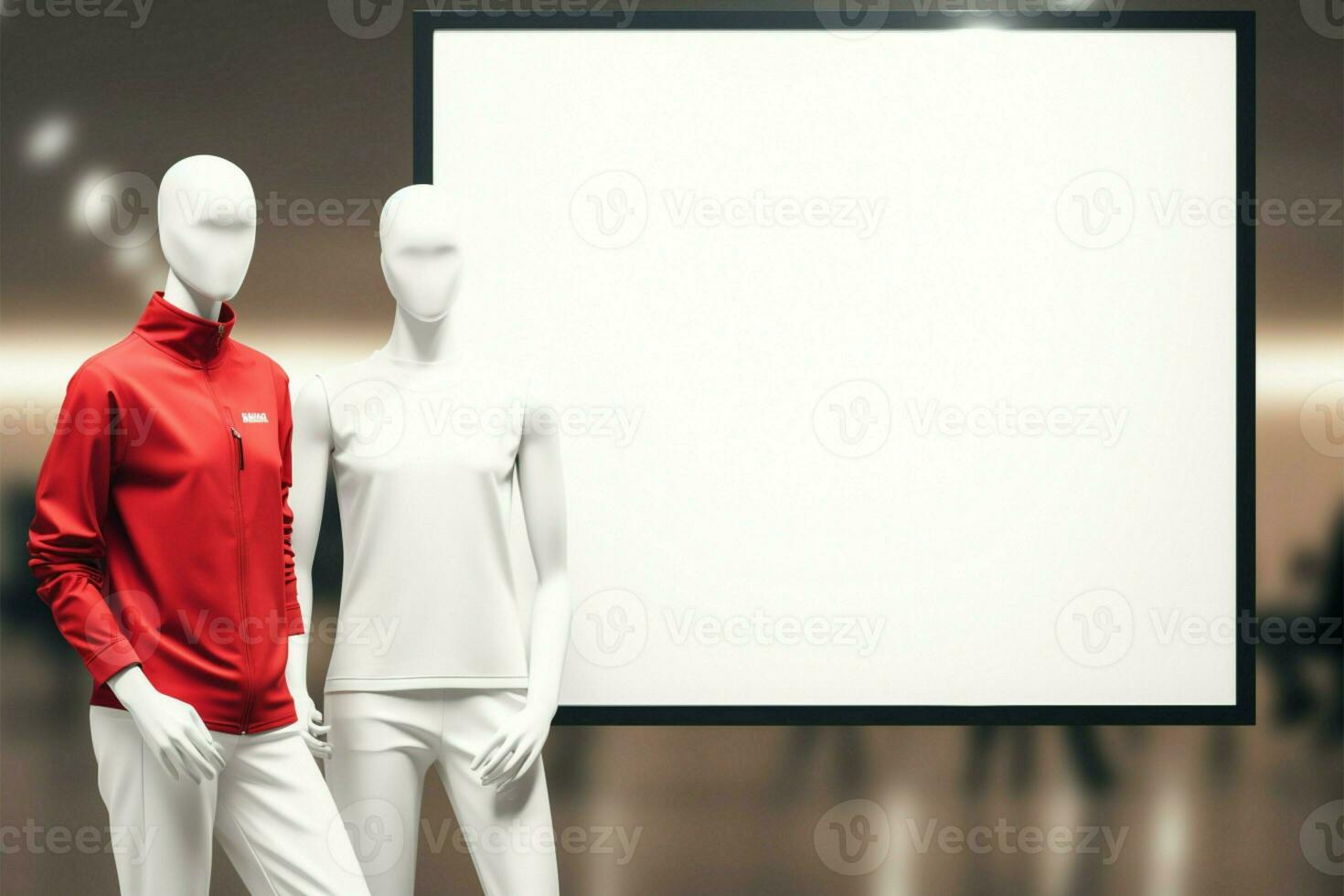 Dual mannequins flank a blank white board mockup, modeling style AI Generated photo