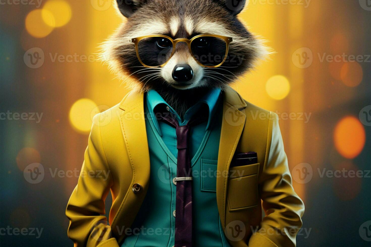 Cartoon hipster raccoon exudes vintage charm in a sharp blue suit AI Generated photo