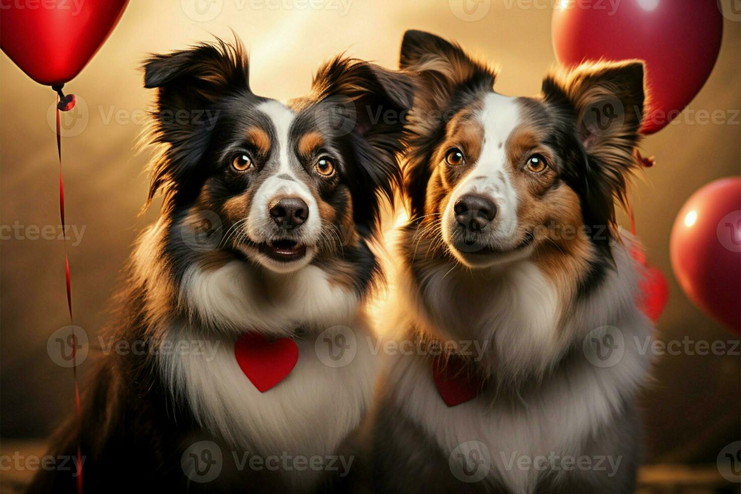 Duo of Border Collies with heart balloon adorable, heartwarming companionship AI Generated photo