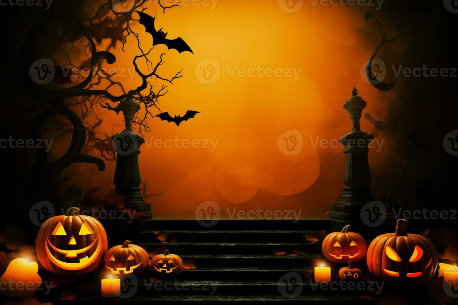 A Halloween themed background with a 3D rendered product display podium AI Generated photo