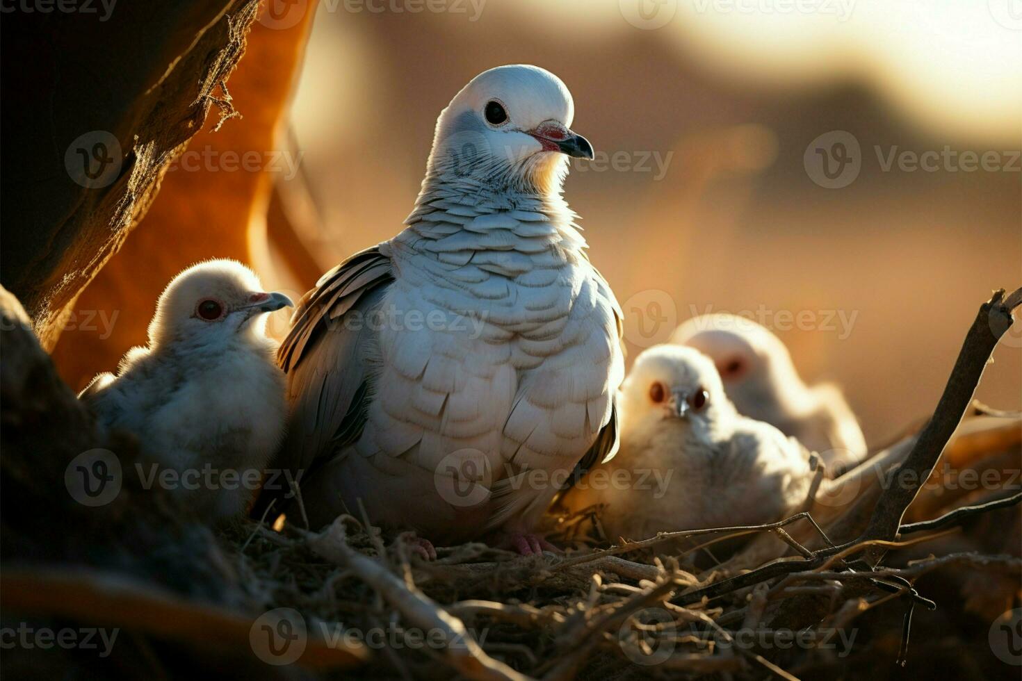 Maternal patience Mother pigeon waits expectantly for her precious offspring AI Generated photo