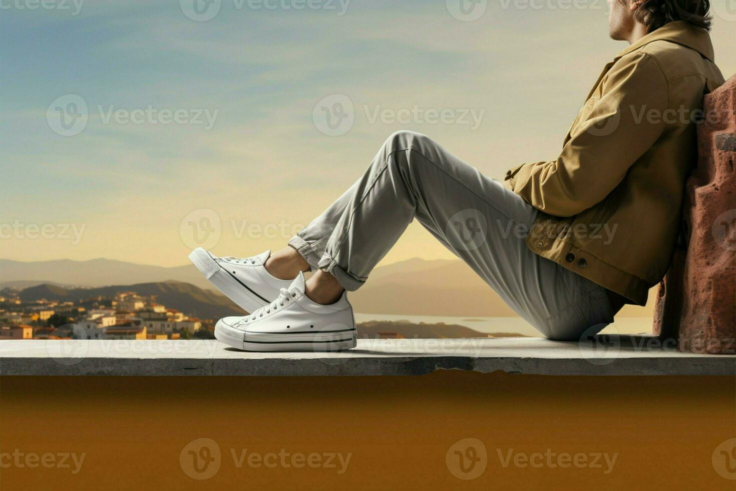 Relaxed figure on a ledge, legs crossed, enjoying a scenic moment AI Generated photo
