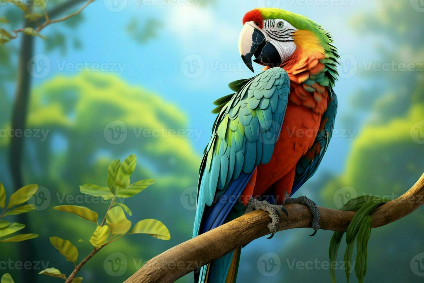 Stunning 3D illustration of a beautiful blue green macaw on tree AI Generated photo