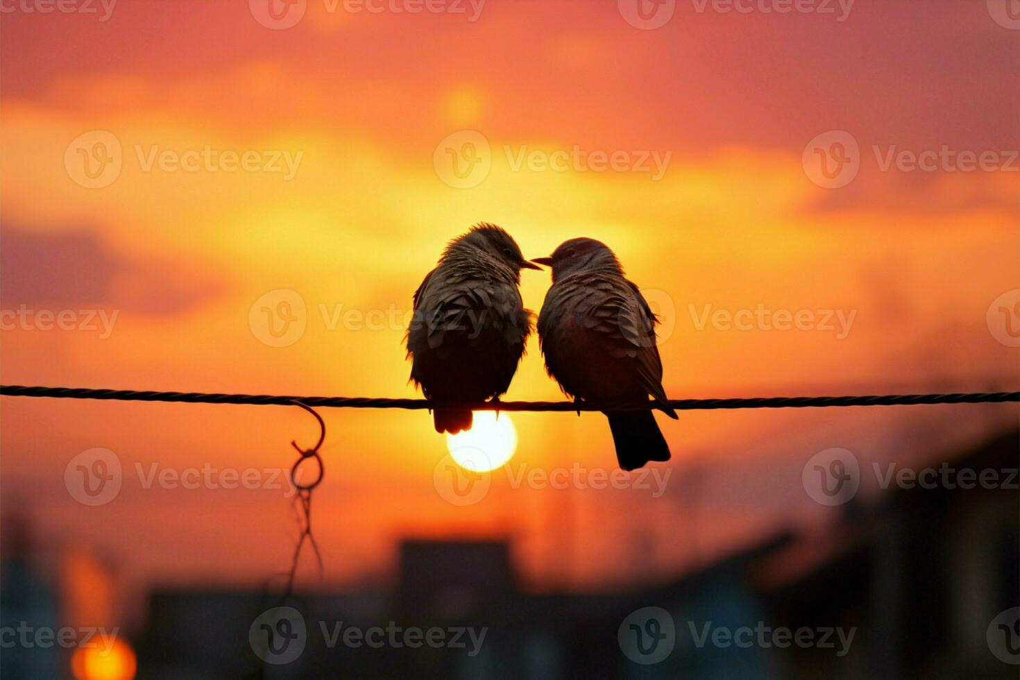 Sunsets hues backdrop bird couples silhouette on wire, a love story AI Generated photo