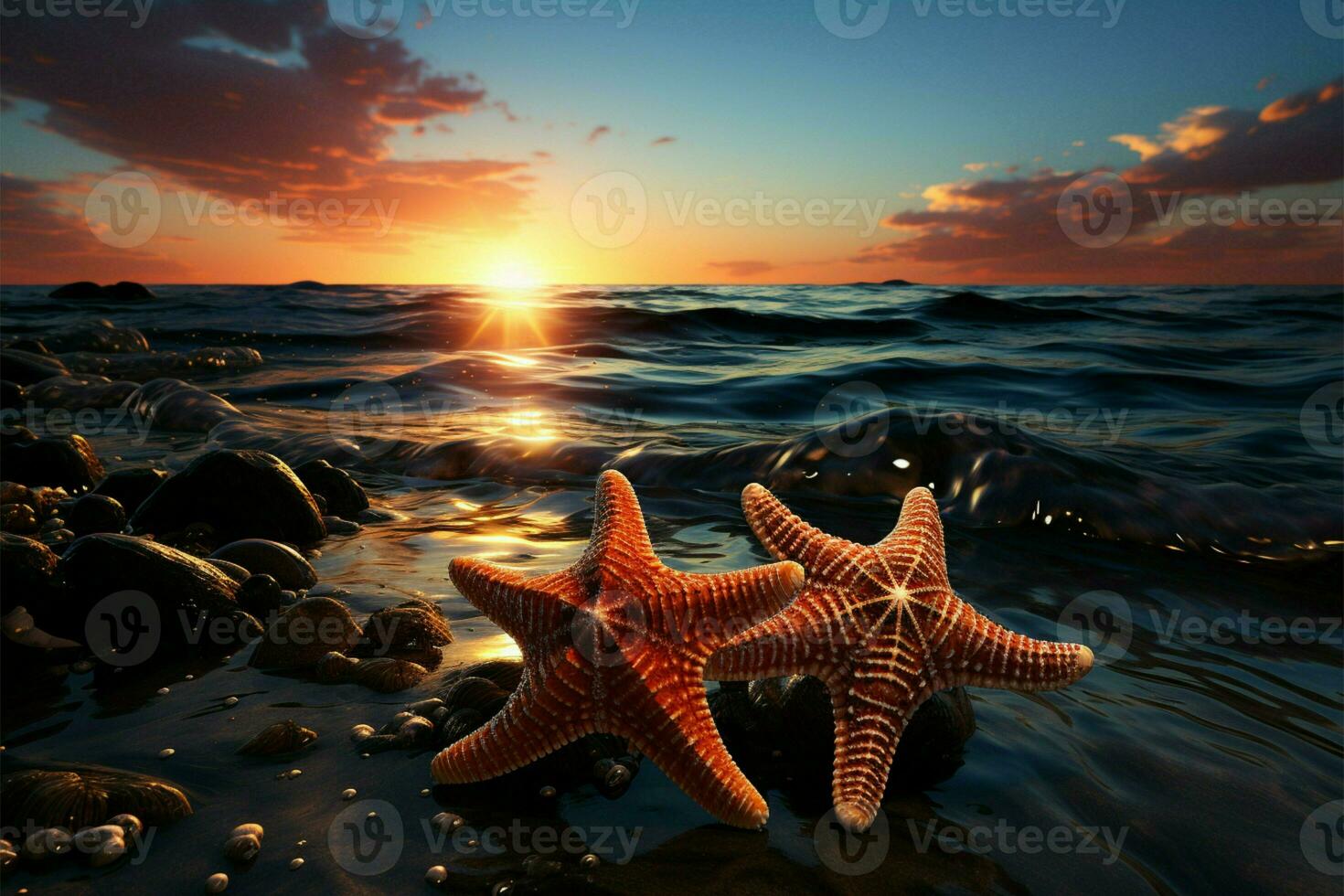 Sunsets embrace, two starfish find repose on sandy beach by tranquil sea AI Generated photo