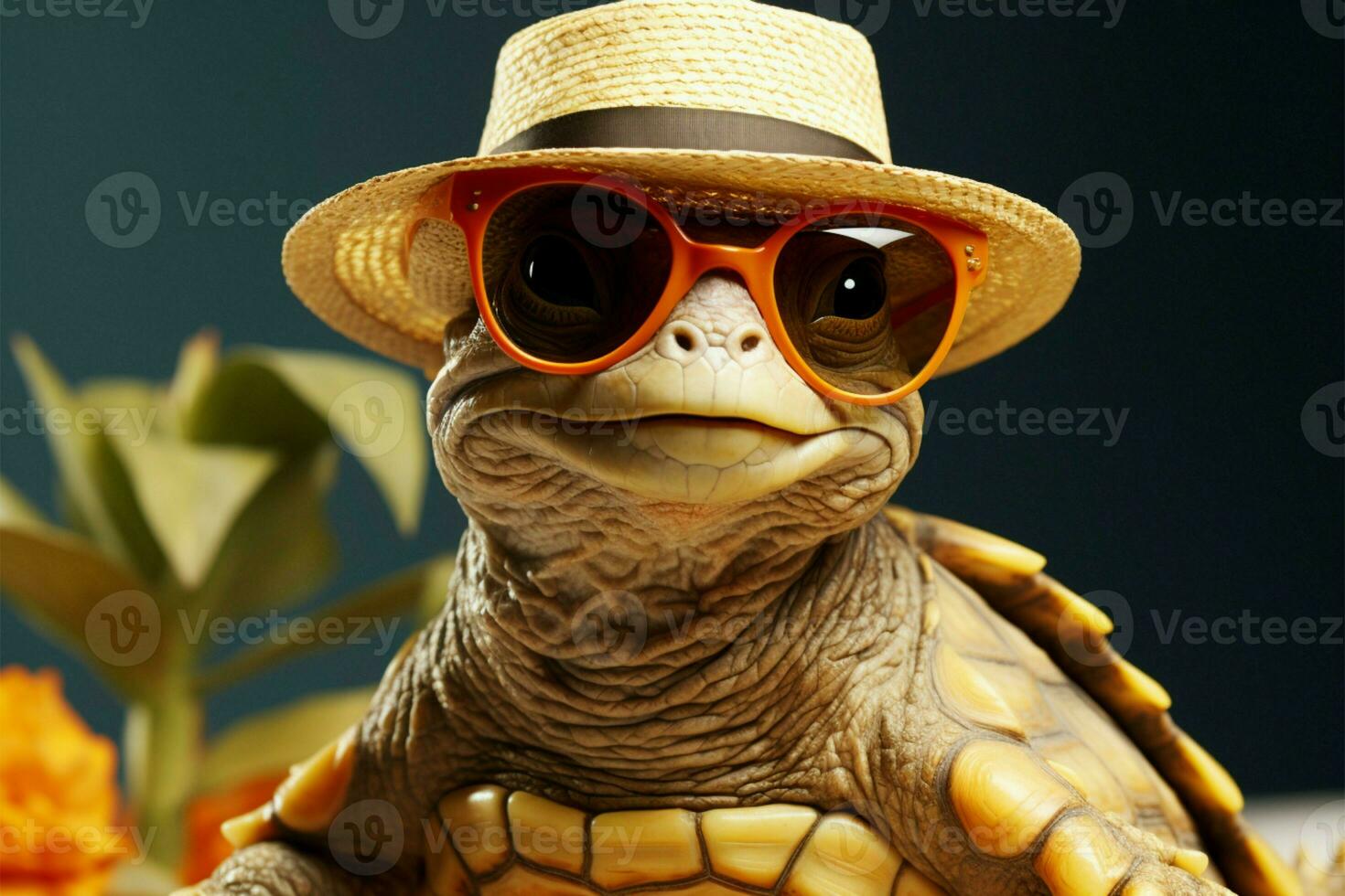 Easygoing turtle, straw hat, shades accentuate its charming, relaxed demeanor AI Generated photo