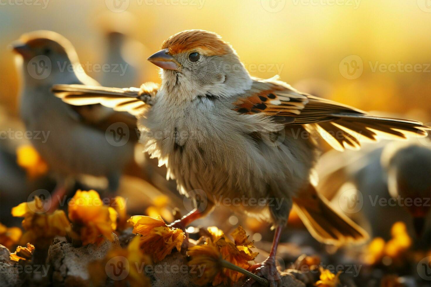 Passer montanus sparrows unite in a delightful and lively flock AI Generated photo
