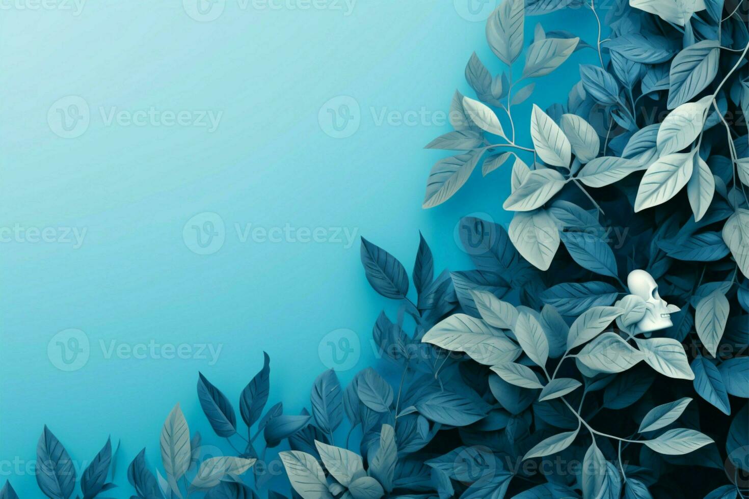 Flat lay view, White skeletons, pale blue leaves on a blue canvas with text space AI Generated photo