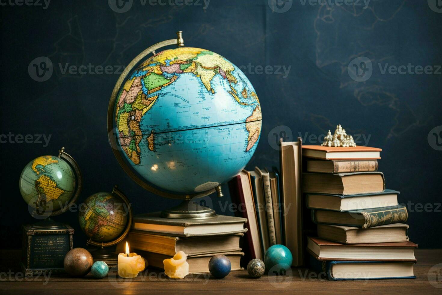 composición presentando un globo y un vibrante colección de libros ai generado foto