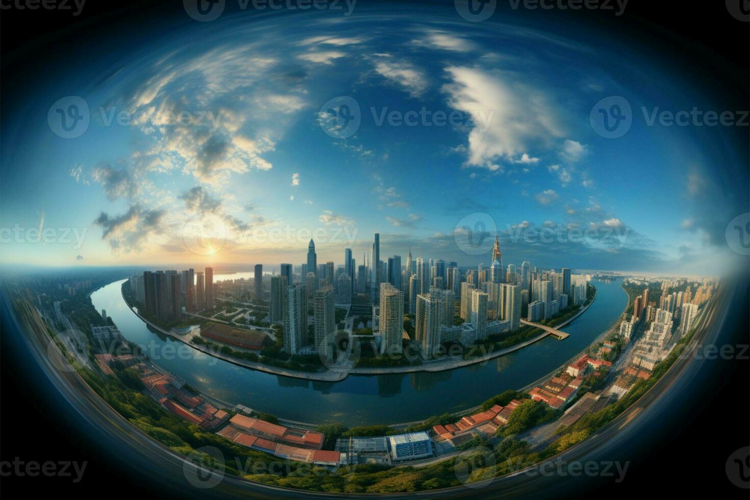 Horizon spanning scene. 360 degree cityscape panorama engulfs with sky backdrop AI Generated photo