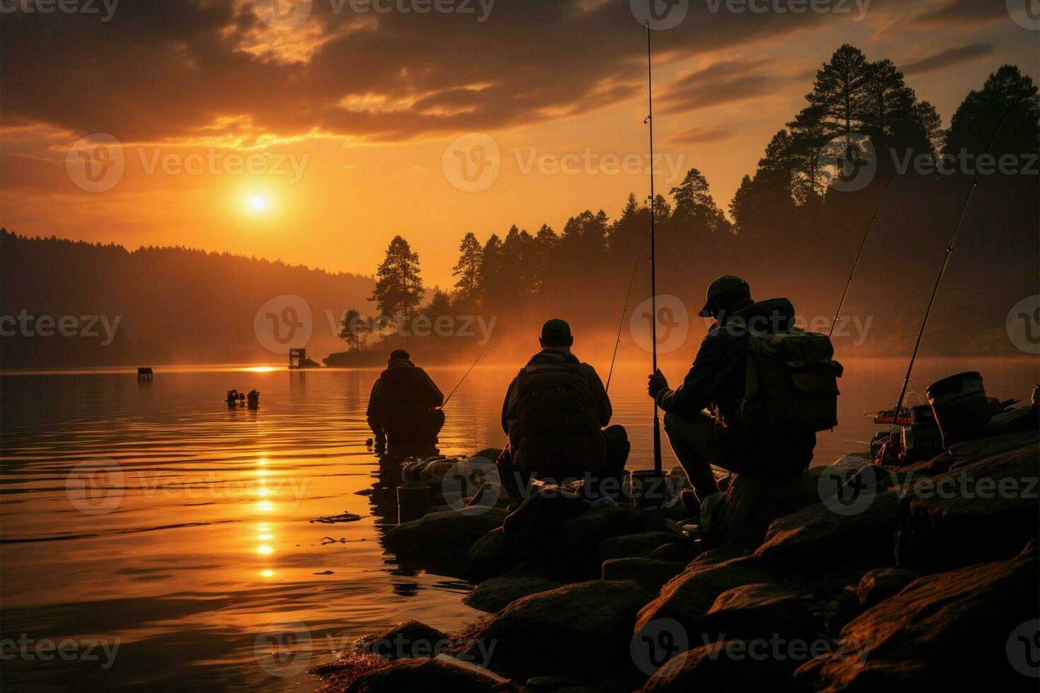 Sunset shoreline scene anglers gather, casting lines, silhouetted beautifully AI Generated photo