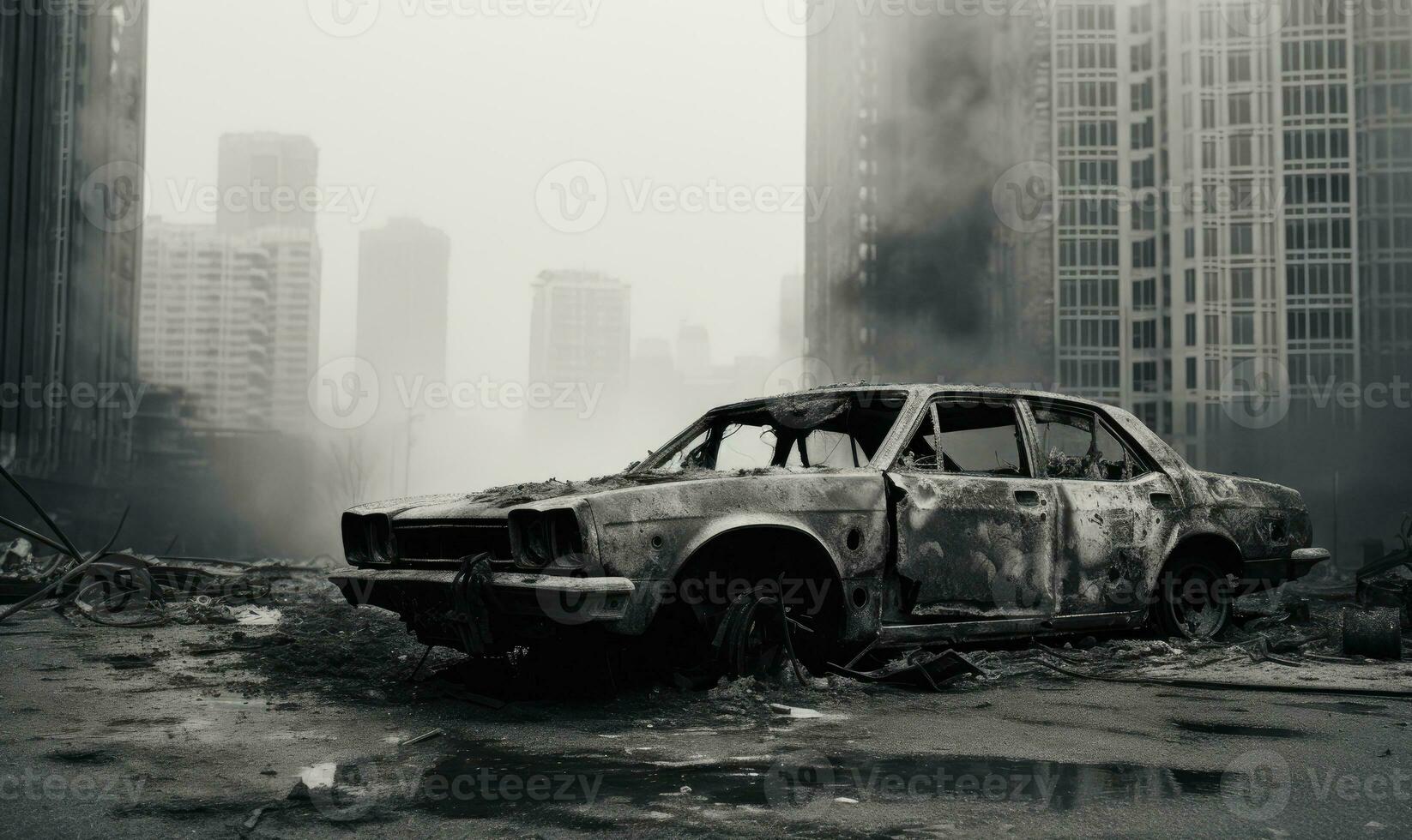 quemado policía coche en un un ciudad calle fondo. creado con ai foto