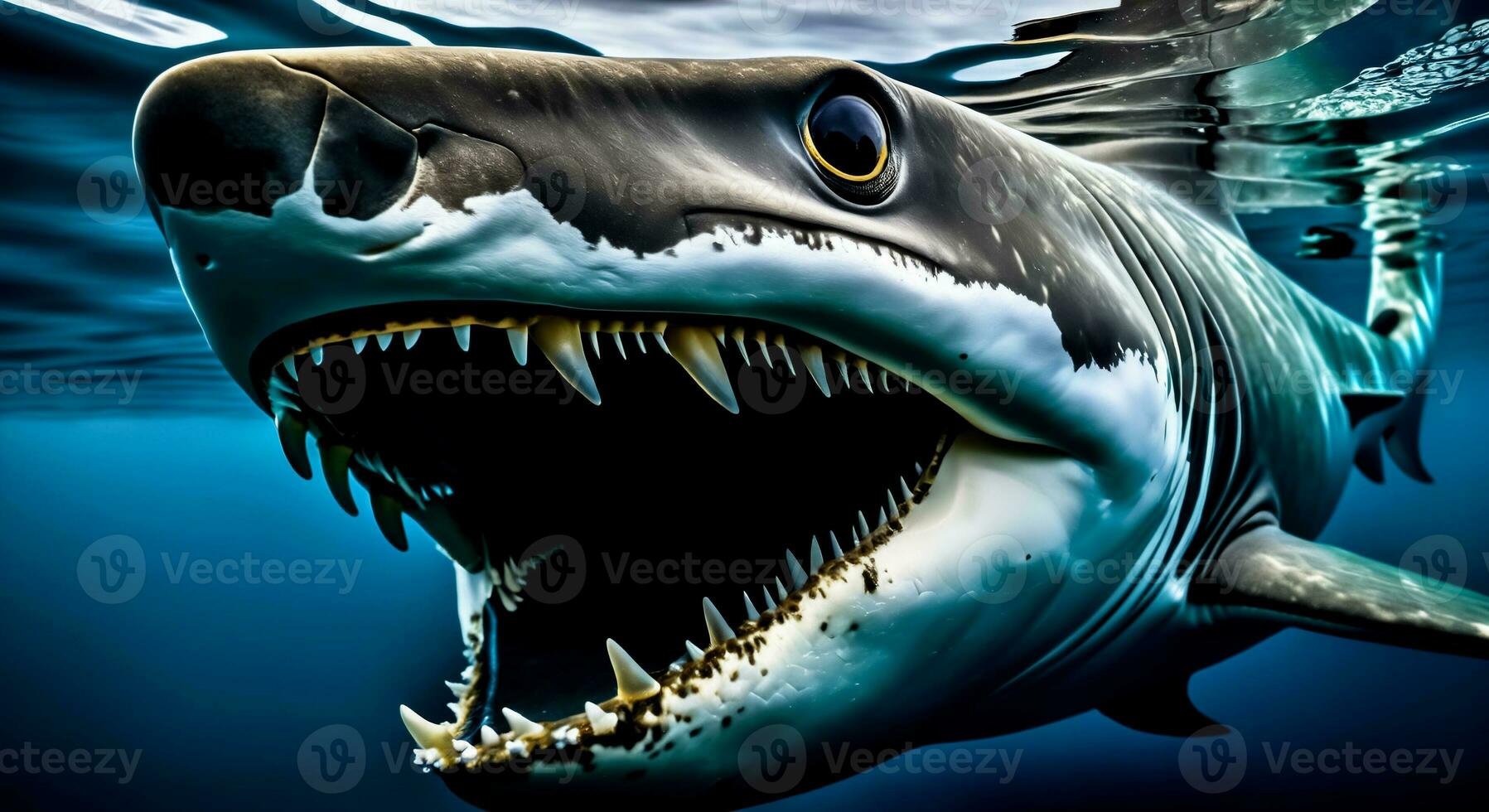 Close up portrait of shark in ocean, terrible jaws photo