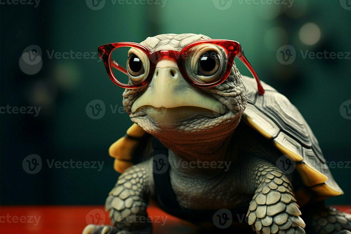Little green turtle wears glasses, fronting red wallpaper cute, wise, humorous AI Generated photo