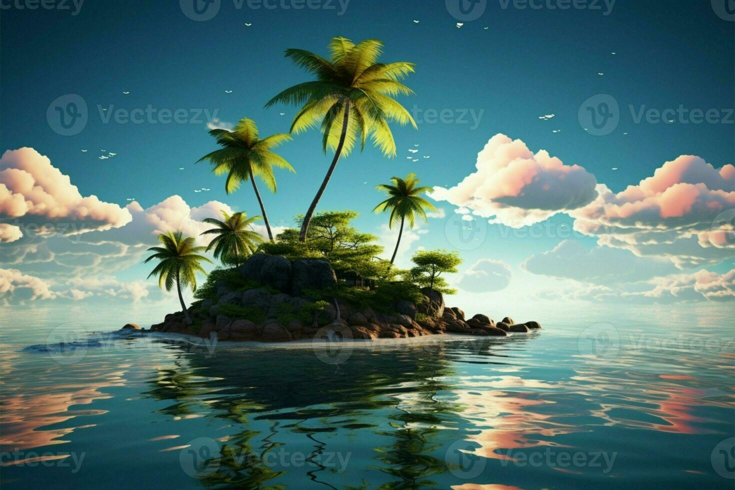 A minuscule island hosts drifting palm trees on tranquil waters AI Generated photo