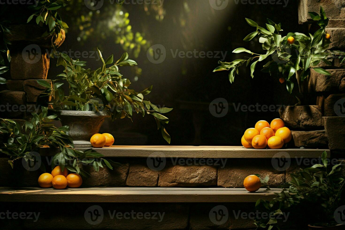 Rustic allure, Stone based mockup stage hosts oranges, olive leaves for product presentation AI Generated photo