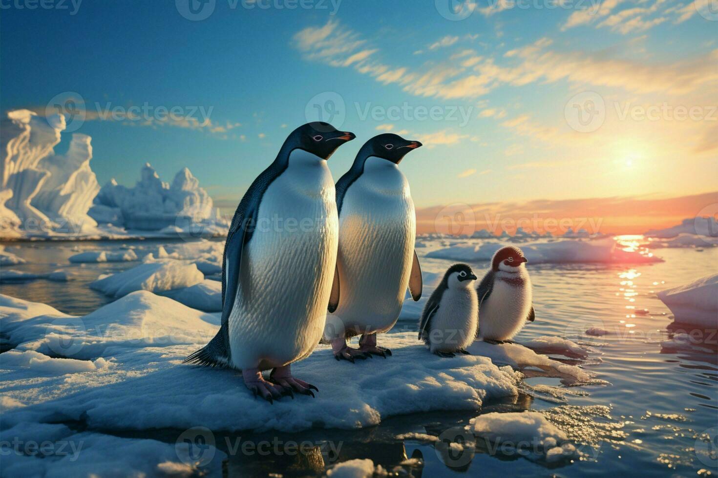 Penguins peaceful moment on icy shore, framed by colossal icebergs AI Generated photo