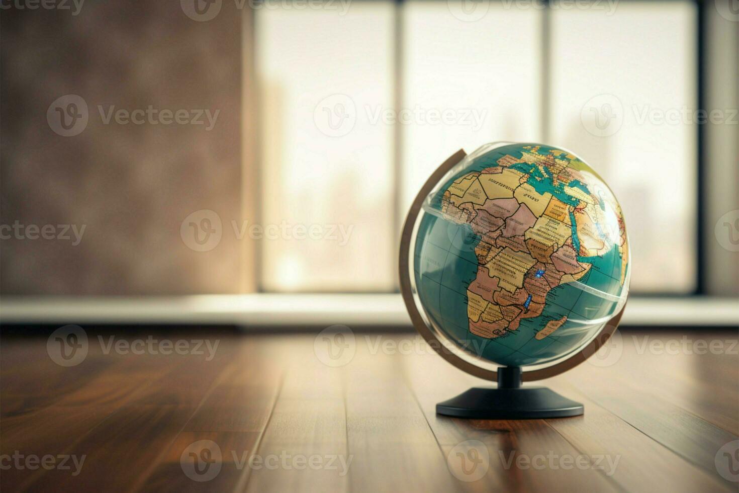 Wooden floor with globe wearing a mask signifies COVID 19 prevention AI Generated photo