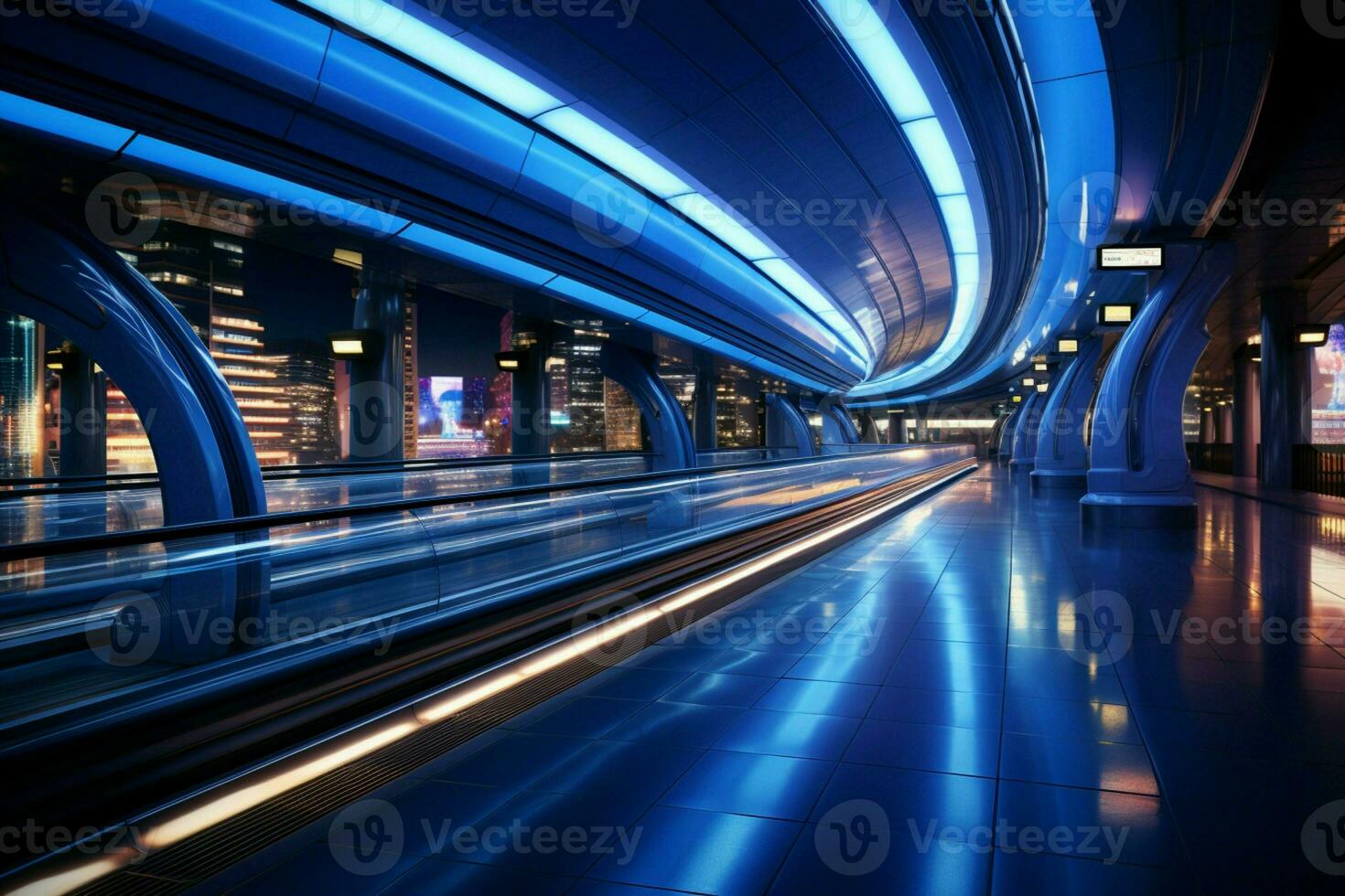 Futuristic passage, Escalator glides, welcoming commuters to sleek subway station entry AI Generated photo