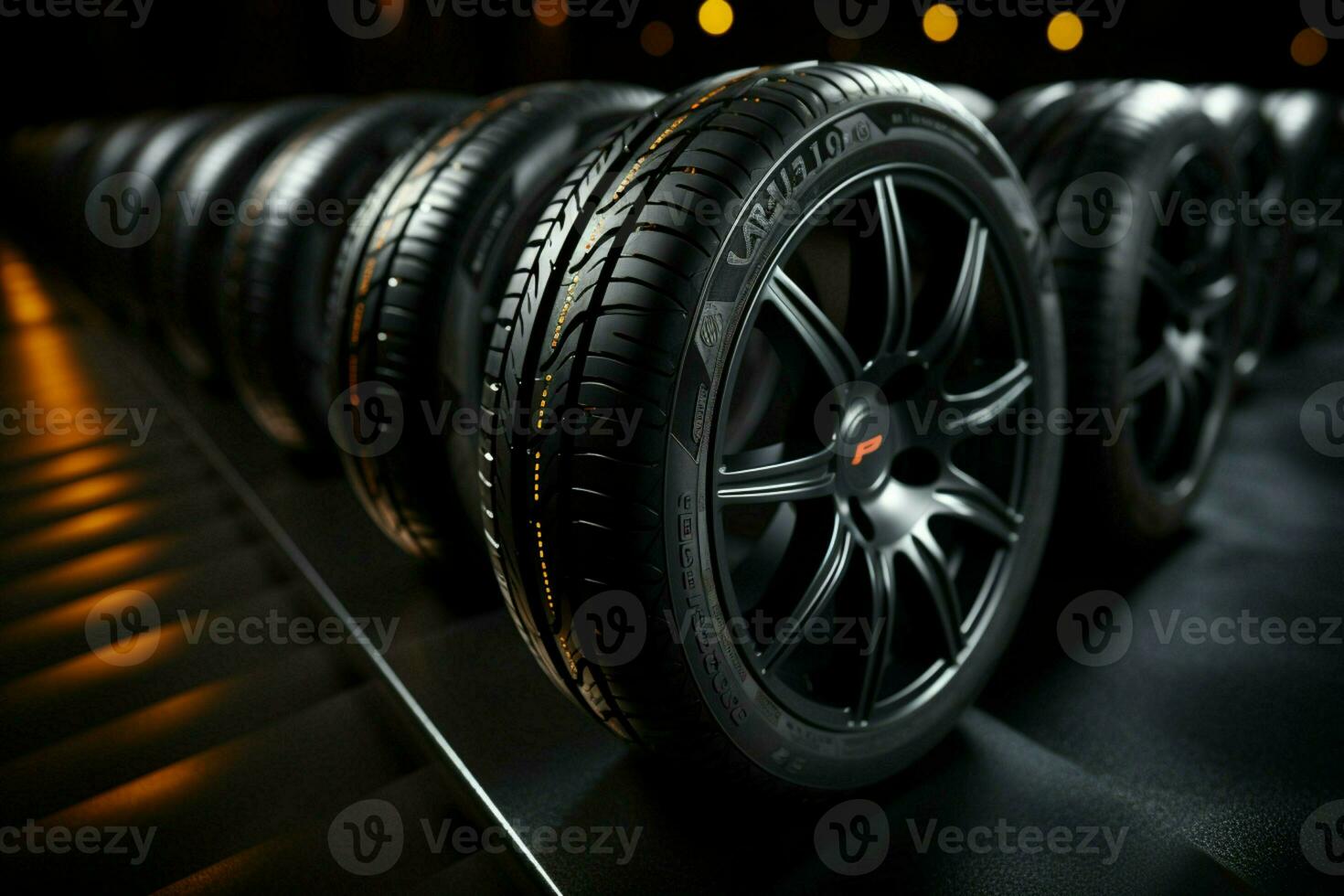 Summer car tires featured in studio, striking contrast light, shallow depth AI Generated photo