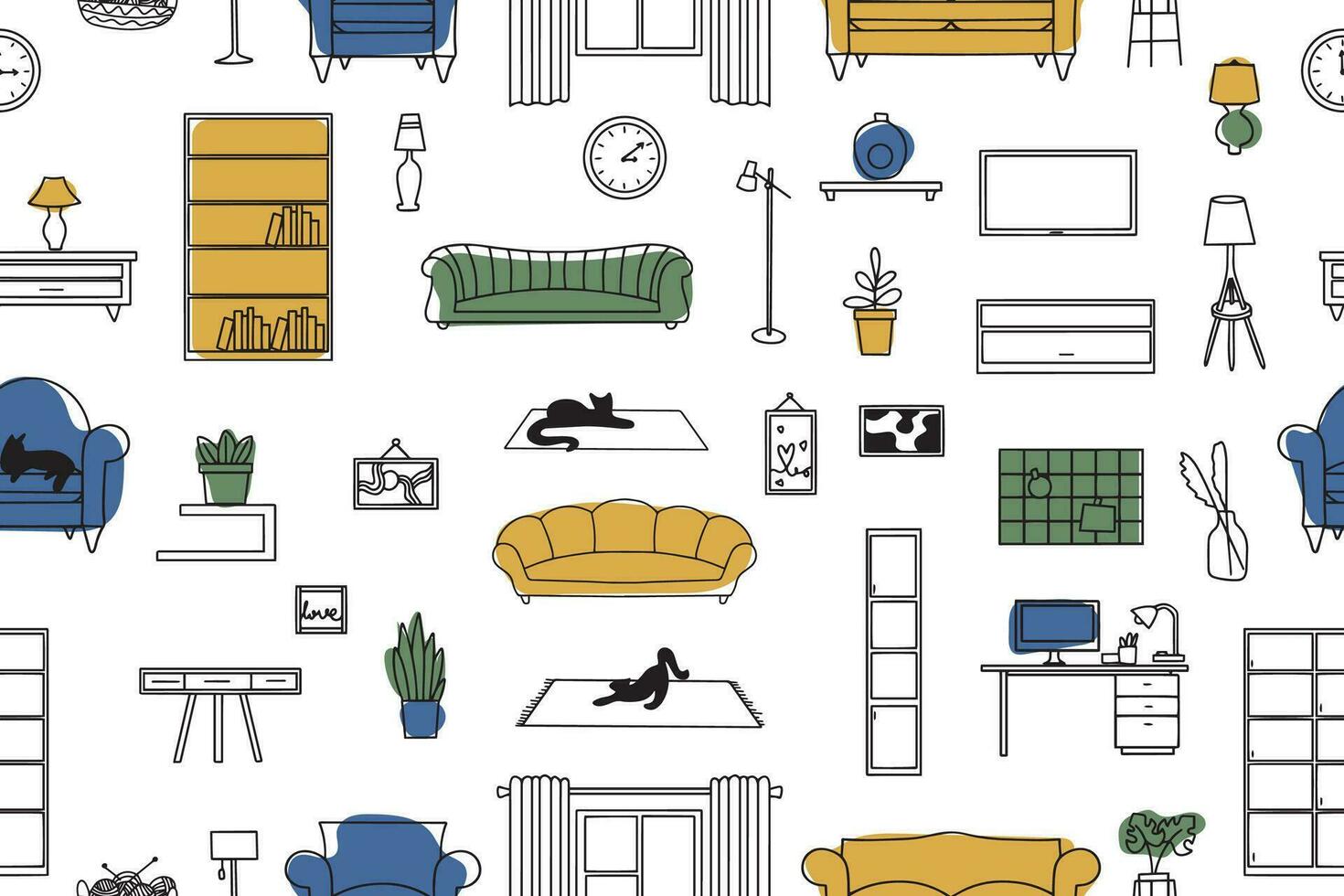 Seamless pattern of furniture, lamps, interior items. Modern vector illustration for banner, web page, print media.