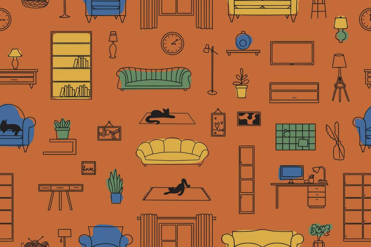 Seamless pattern of furniture, lamps, interior items. Modern vector illustration for banner, web page, print media.