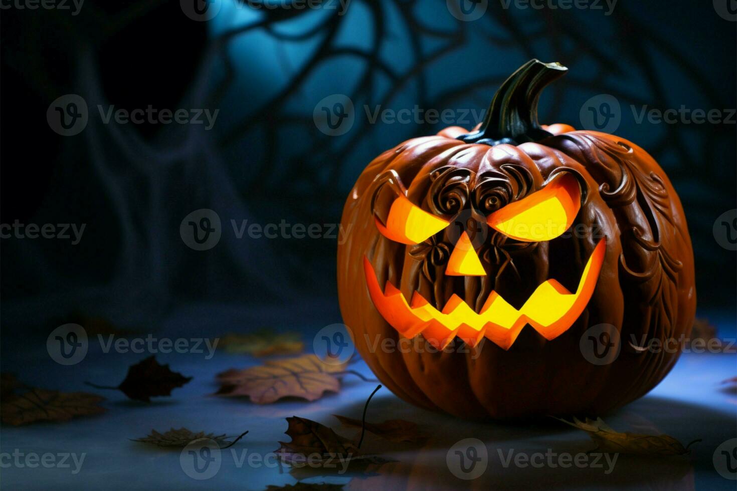 A spooky twist 3D pumpkin render in a Halloween holiday mock up AI Generated photo