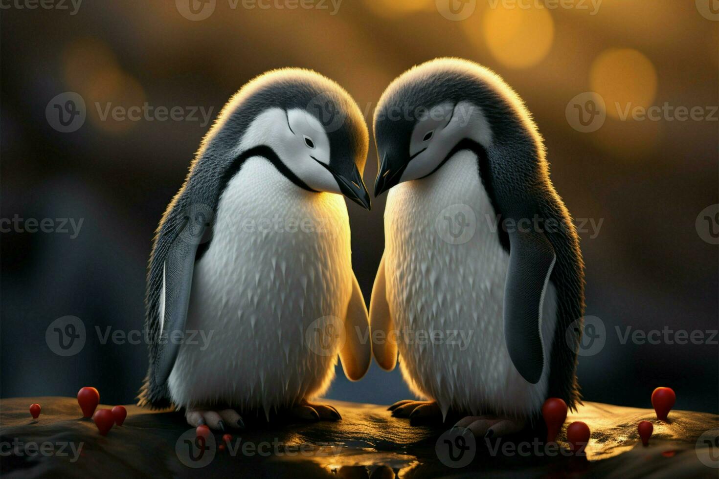 Feb 14 delight, penguin couples love captured on a postcard AI Generated photo