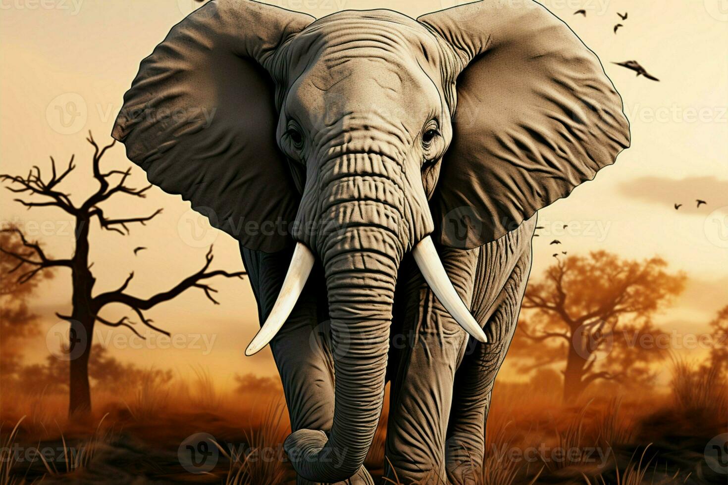 Majestic elephant amidst grassland, framed by distant forest canopy AI Generated photo