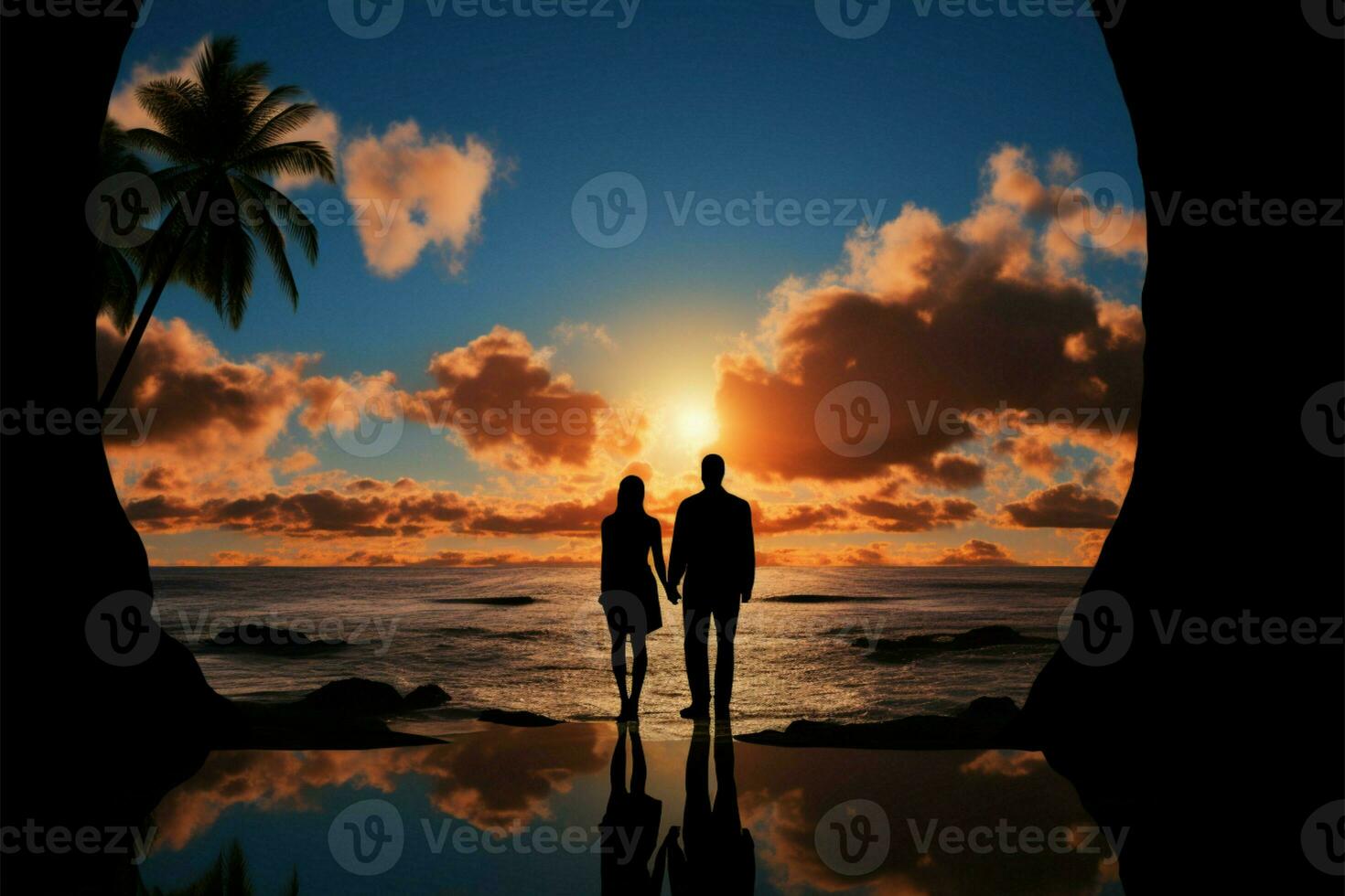 puesta de sol palmas marco un parejas silueta, un momento de unión ai generado foto