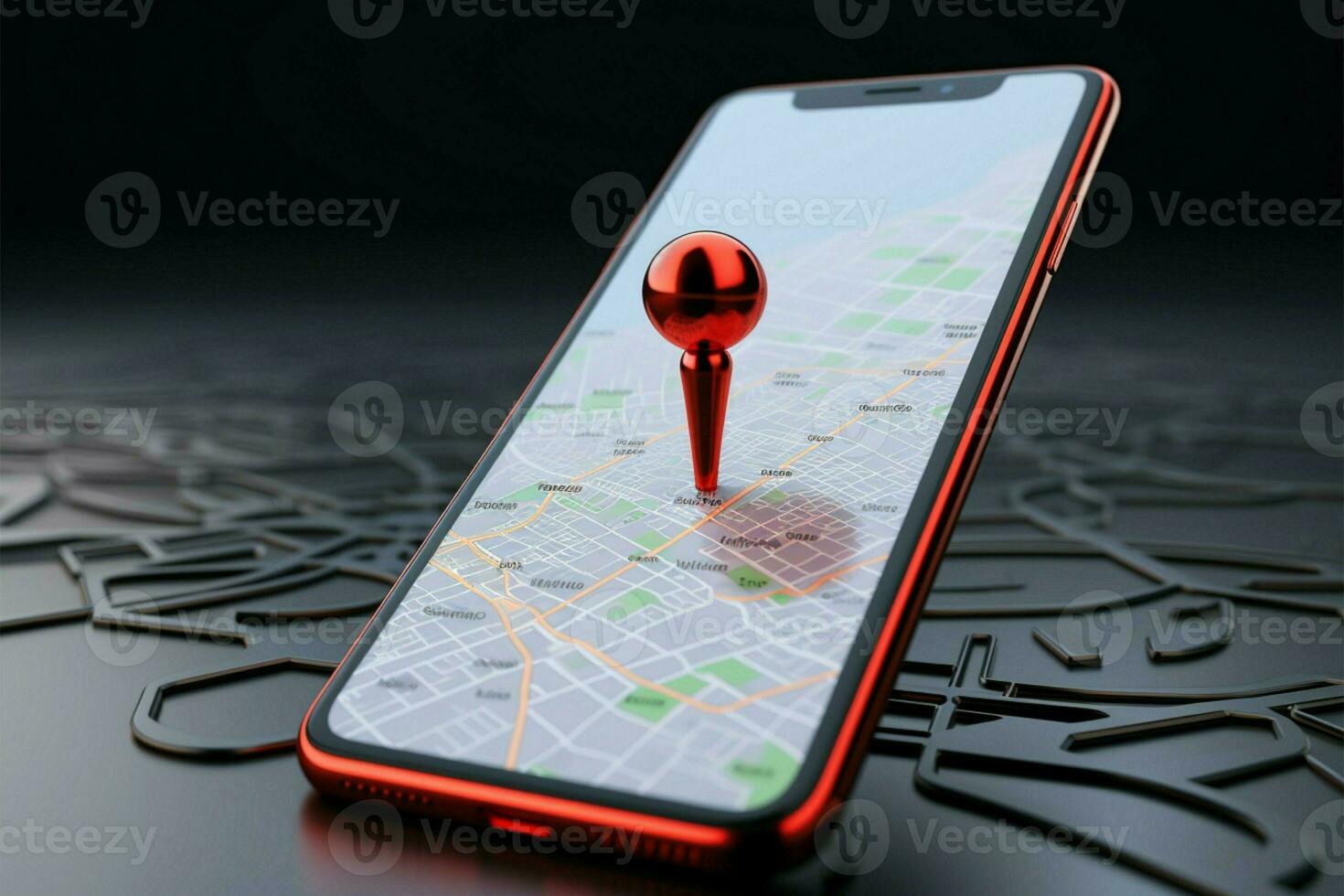 Blank screen smartphone with 3D red map icon rendering AI Generated photo