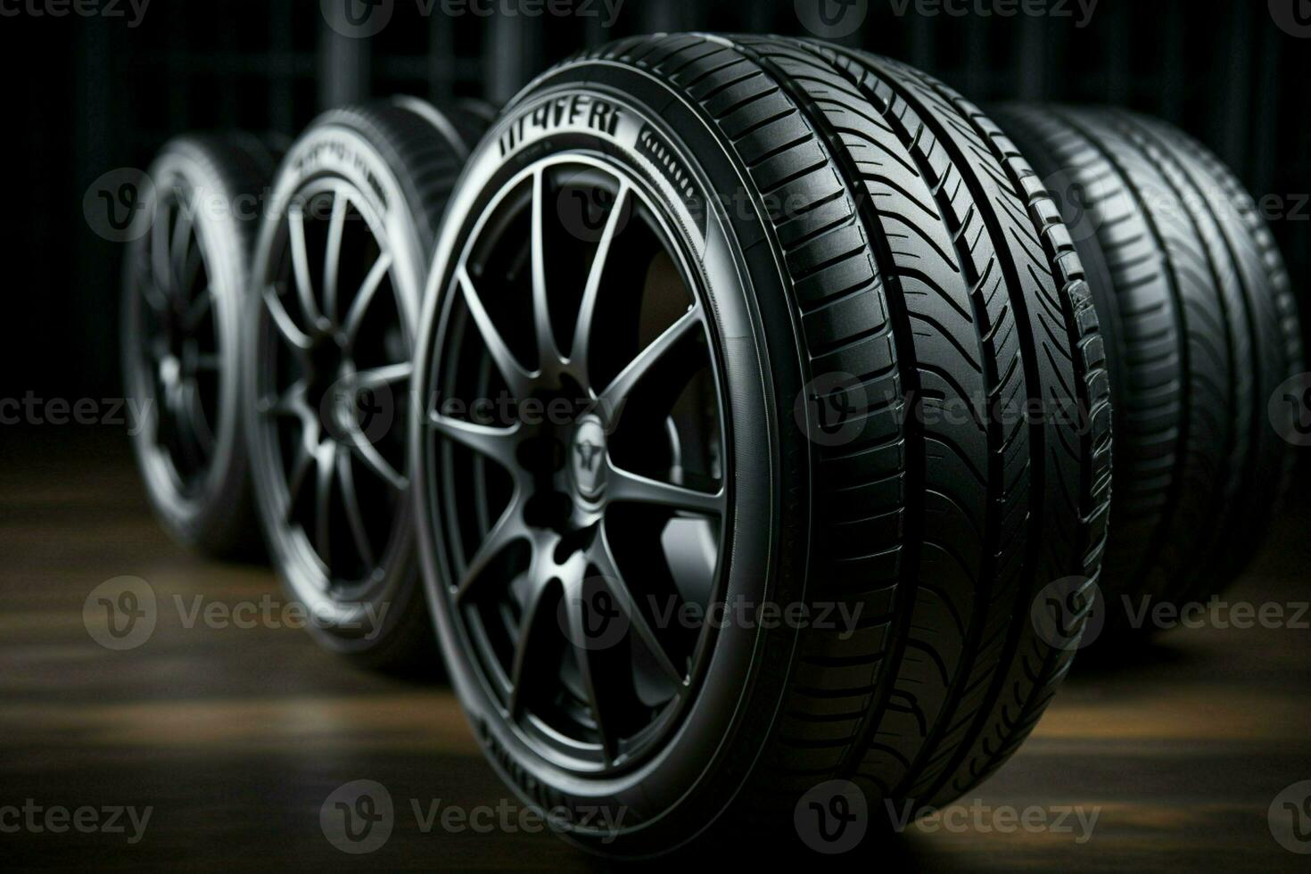 Sleek summer car tire collection on black, lit dramatically, shallow focus AI Generated photo