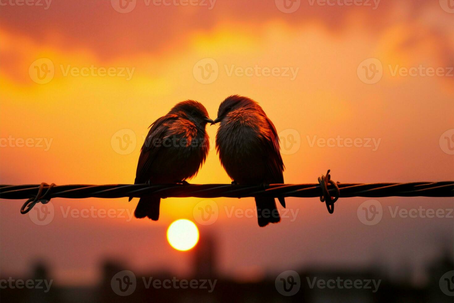 Birds in love, perched on wires, embrace the romantic sunset AI Generated photo