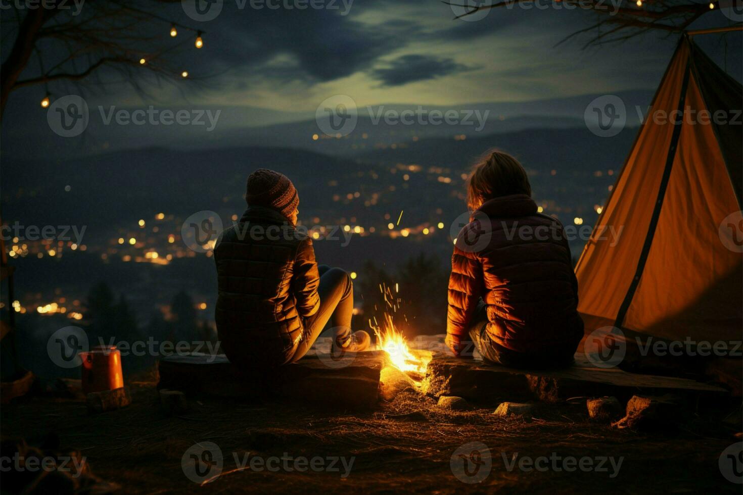 Campfire coziness a young couple beneath the starry Milky Way AI Generated photo