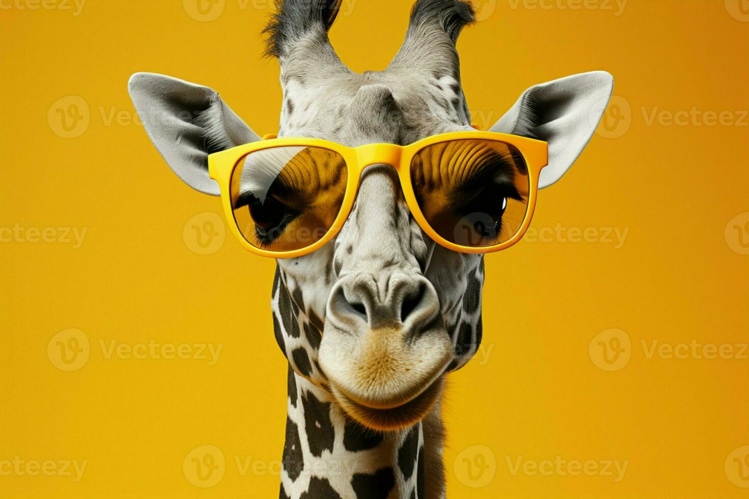 Fashion forward giraffe rocks yellow sunglasses in a monochrome portrait AI Generated photo